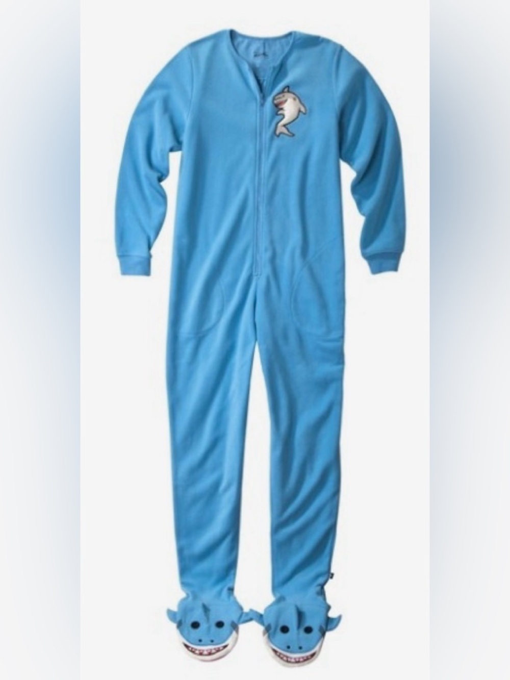 Nick & Nora Shark Footed Pajamas Blue Fleece One Piece Size M Cozy